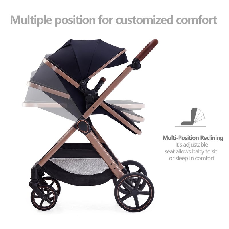 Lortsybab 2 in 1 Baby Stroller, Newborn Infant Toddler Convertible Bassinet Pram Stroller for 0-36 Months Old Babies (Black) - Image 3