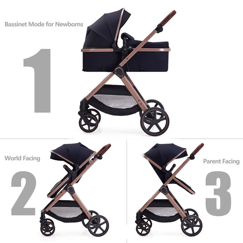 Lortsybab 2 in 1 Baby Stroller, Newborn Infant Toddler Convertible Bassinet Pram Stroller for 0-36 Months Old Babies (Black) - Image 2