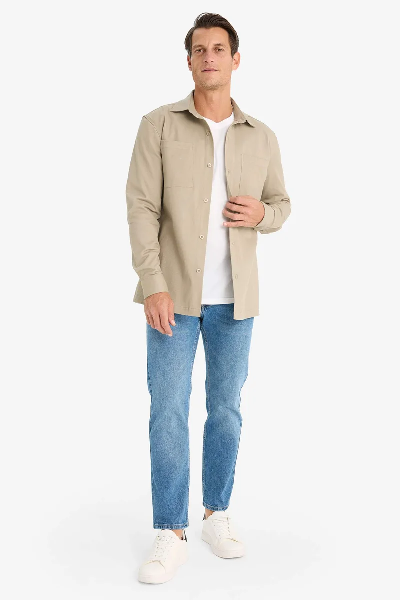 ديفاكتو Regular Fit Polo Collar Gabardine Long Sleeve Shirt