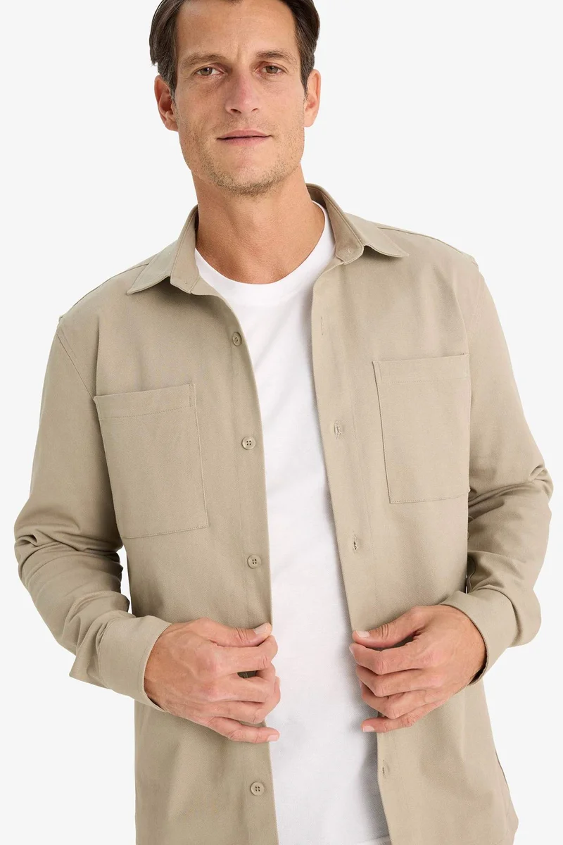 ديفاكتو Regular Fit Polo Collar Gabardine Long Sleeve Shirt