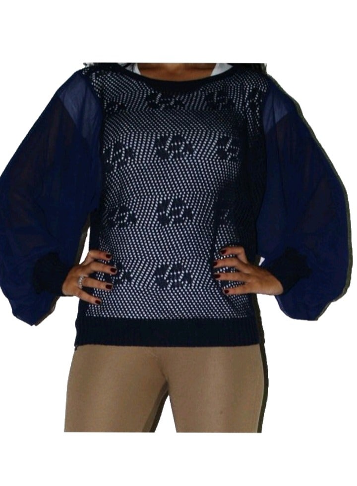 Women navy blue blouse trico with chiffon sleeves