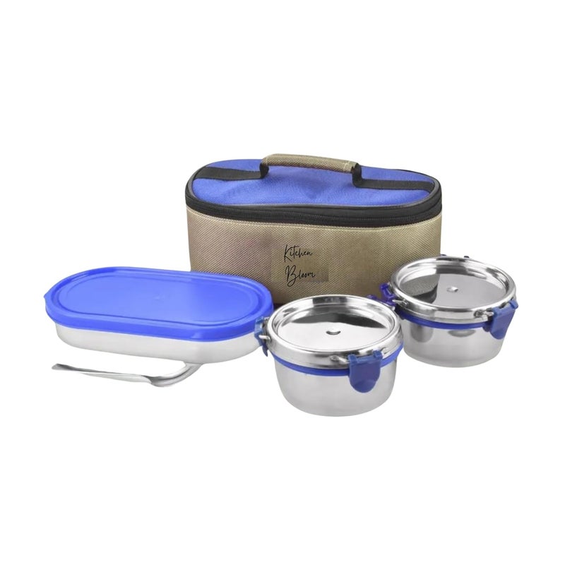 Kitchen Bloom Lunch Box Set 2 Steel Round Containers with Spoon Rectangular Container Classic Bag Office Carry Bag 5 Pieces - Image 1