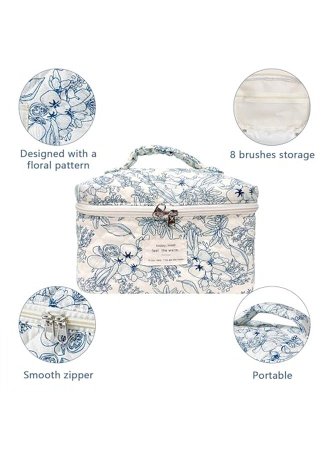 RESONIX 3-piece large  makeup bag set for women and girls – lovely floral cotton cosmetic bags, aesthetic travel toiletry organizer with zipper closure (blue pattern) - Image 4