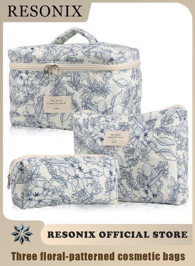 RESONIX 3-piece large  makeup bag set for women and girls – lovely floral cotton cosmetic bags, aesthetic travel toiletry organizer with zipper closure (blue pattern) - Image 1