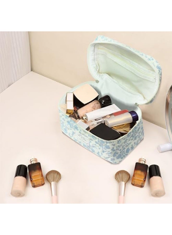 RESONIX 3-piece large  makeup bag set for women and girls – lovely floral cotton cosmetic bags, aesthetic travel toiletry organizer with zipper closure (blue pattern) - Image 5