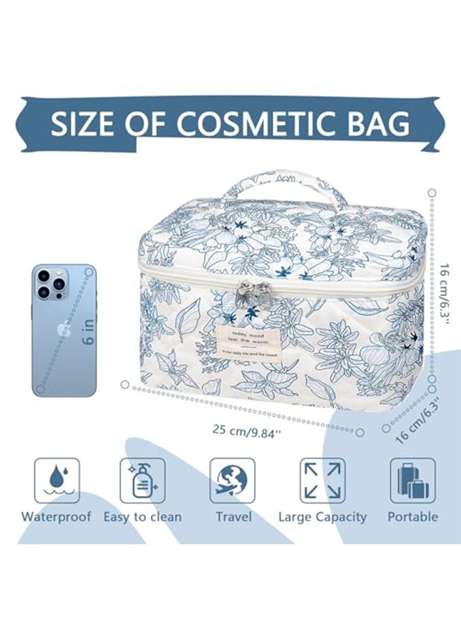 RESONIX 3-piece large  makeup bag set for women and girls – lovely floral cotton cosmetic bags, aesthetic travel toiletry organizer with zipper closure (blue pattern) - Image 2