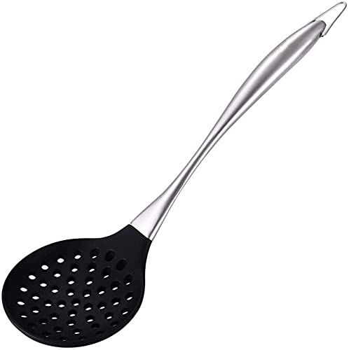 HARI® Slotted Cooking Spoon, Silicone Wok Skimmer BPA Free 600ºF Stainless Steel Handle 14 Inch for Nonstick Cookware (Black) - Image 5