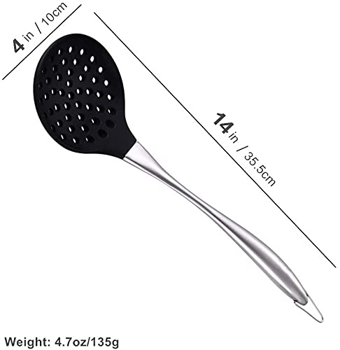 HARI® Slotted Cooking Spoon, Silicone Wok Skimmer BPA Free 600ºF Stainless Steel Handle 14 Inch for Nonstick Cookware (Black) - Image 2