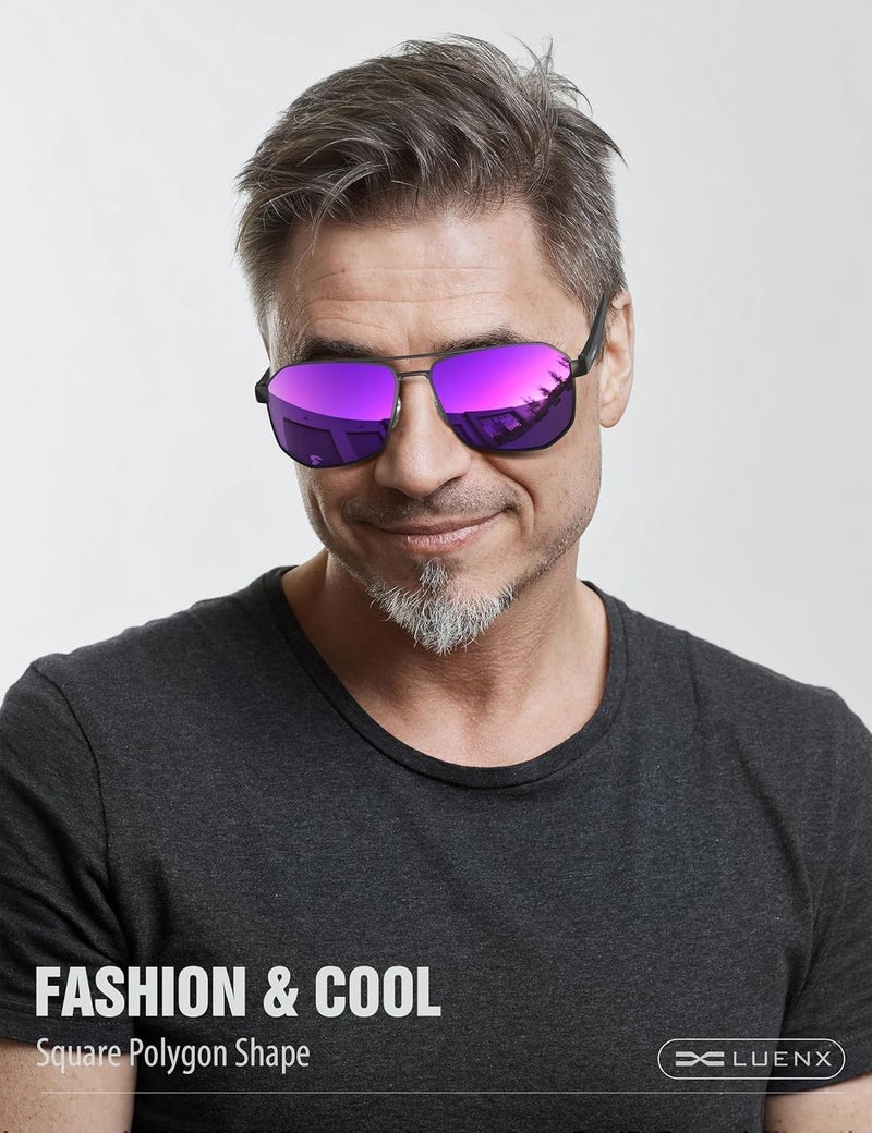 LUENX Aviator Sunglasses for Men Square Polarized Polygon Lens - UV 400 Protection with Accessories 61MM Driving Outdoor - Image 2