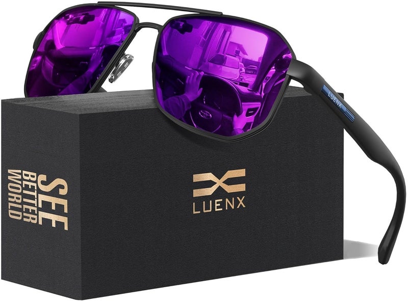 LUENX Aviator Sunglasses for Men Square Polarized Polygon Lens - UV 400 Protection with Accessories 61MM Driving Outdoor - Image 1