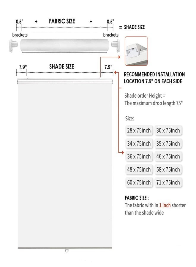 Joydeco White Fabric Mini Blinds 35 Inch Wide Cordless Black Out Roller Shades for Sliding Glass Door Bedroom Home Window Darkening (35" Wx75 H) - Image 5