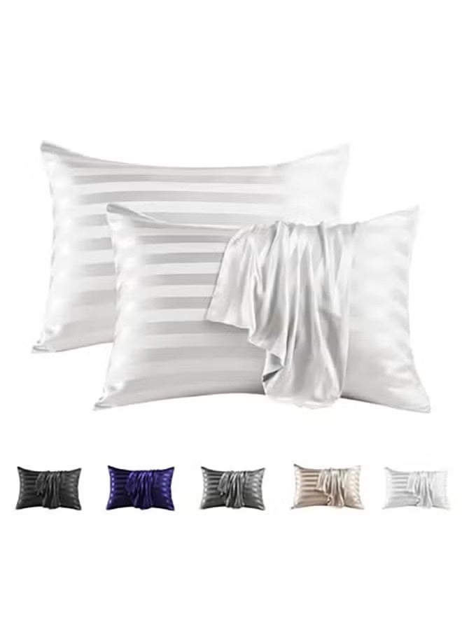2 Pcs Satin Pillowcase for Hair and Skin, Silk Stripe Pillowcases, Cooling Satin Pillow Cover, Silky Pillow Covers with Envelope Closure Standard Size (51*76CM, White Stripe) - Image 1