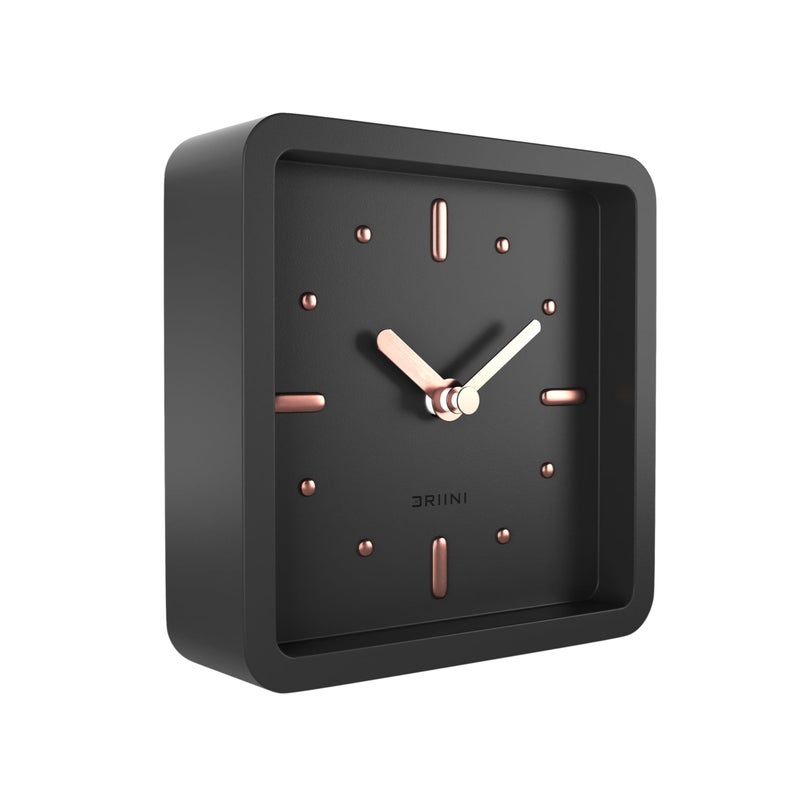 Driini Modern Mid Century Desk  Shelf Clock Black Rose Gold  Battery Operated with Silent Analog Movement  Small Tabletop Clocks for Office  Perfect for Mantle End Table Desktop or Nightstand