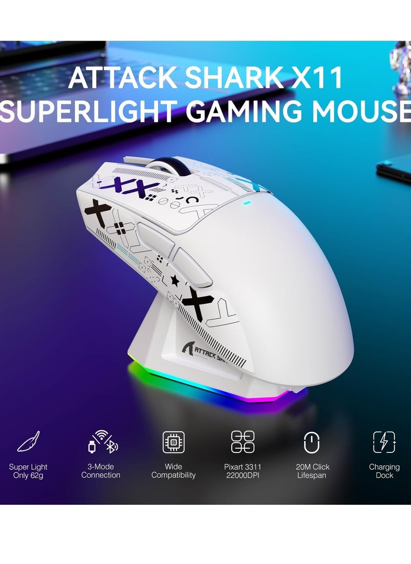 Attack Shark X11 Lightweight Wireless Gaming Mouse with RGB Charging Dock,Tri-Mode-2.4G/USB-C Wired/BT,22K DPI,PAW3311 Optical Sensor,HUYU Switch, 5 programmable Buttons for PC/Mac(White&Sticker)  - Image 3