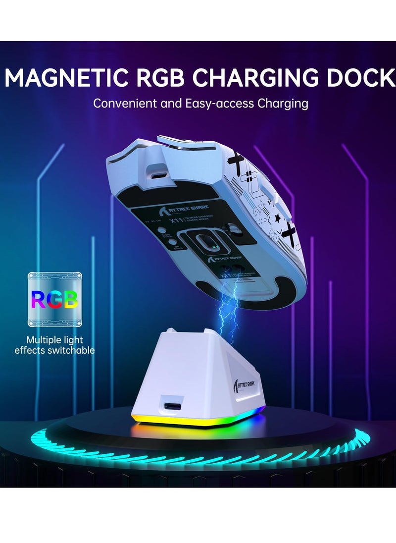 X11 Lightweight Wireless Gaming Mouse with RGB Charging Dock,Tri-Mode-2.4G/USB-C Wired/BT,22K DPI,PAW3311 Optical Sensor,HUYU Switch, 5 programmable Buttons for PC/Mac(White&Sticker)
