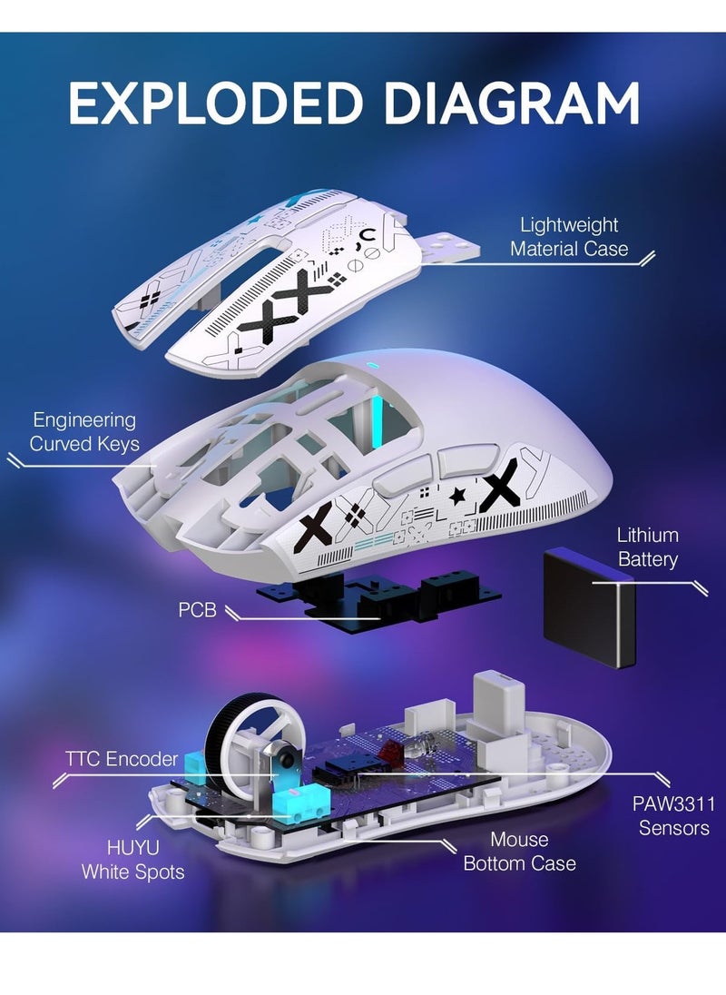X11 Lightweight Wireless Gaming Mouse with RGB Charging Dock,Tri-Mode-2.4G/USB-C Wired/BT,22K DPI,PAW3311 Optical Sensor,HUYU Switch, 5 programmable Buttons for PC/Mac(White&Sticker)