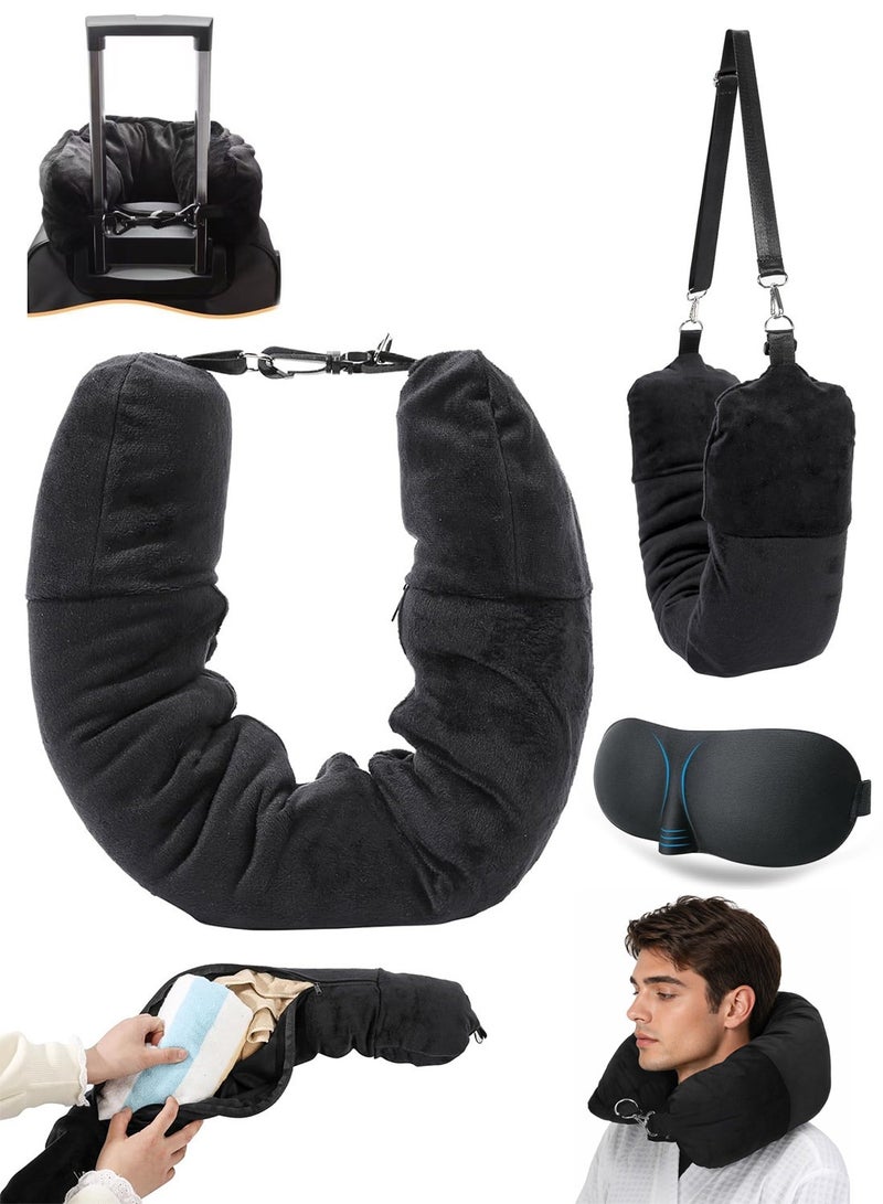 Multifunctional Stuffable U-Shaped Travel Neck Pillow with Storage, Transformable Carry-On Bag, Includes 3D Eye Mask, 18 × 90 cm, Black - Image 1