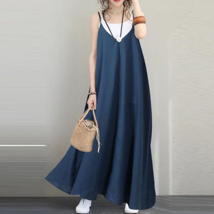 Women Casual Loose Solid Dress V-Neck Backless Long Dress Sleeveless Women Party Gown