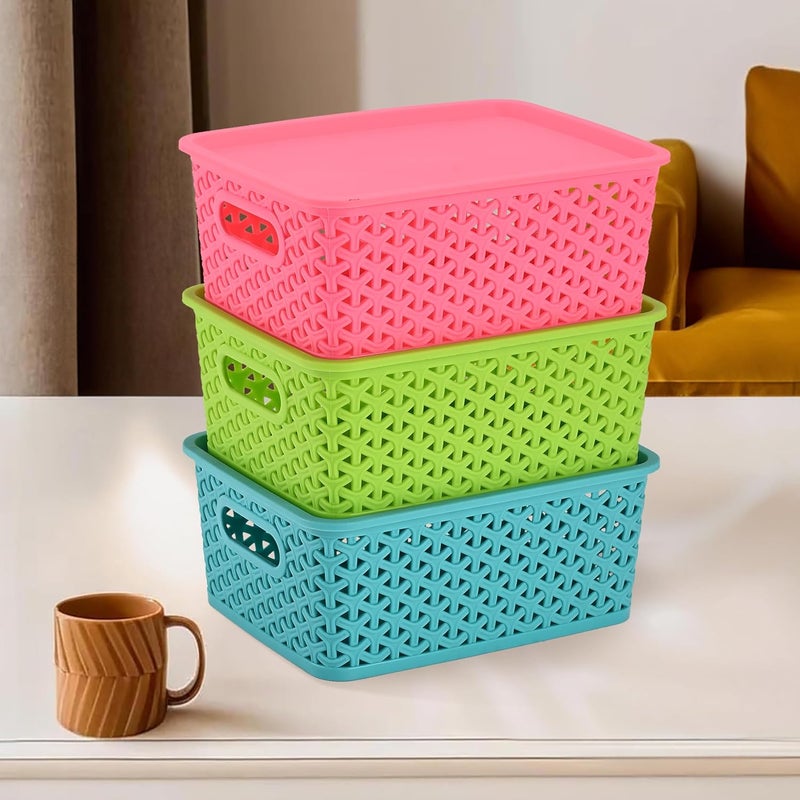 Kuber Industries Pack of 3 Multipurpose Storage Baskets with Lid for Organizing Home Office H1 Storage BoxTray Ideal for Kitchen Bathroom Clothes Makeup Stationery Multicolor - Image 1