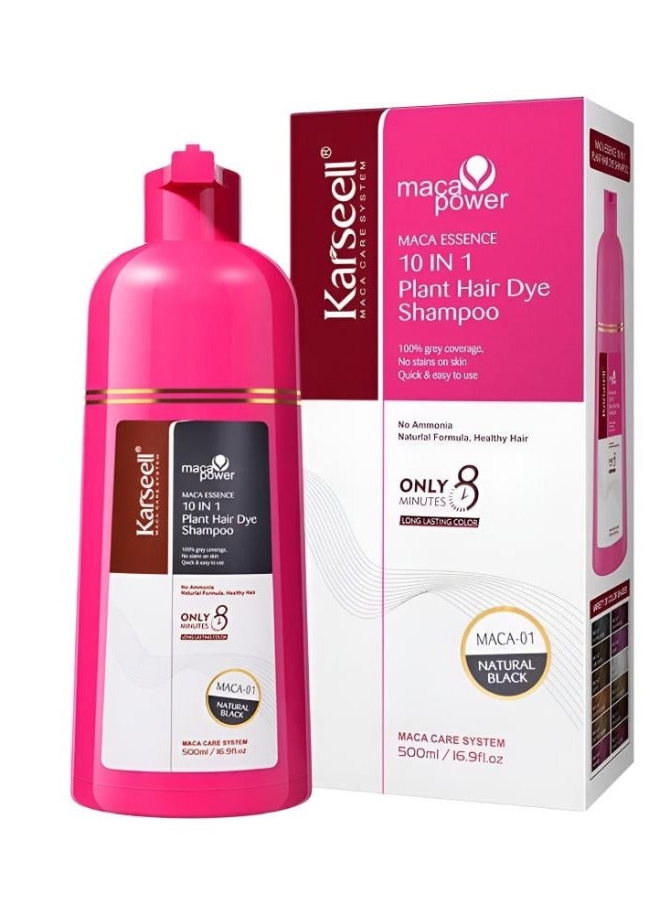 Karseell Maca Essence 10 in 1 Plant Hair Dye Shampoo for 100% Grey Coverage - Natural Black MACA-01 Ammonia Free - 500ml
