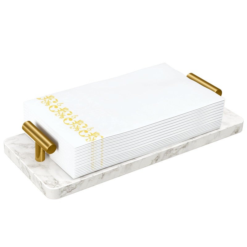 STWWO Napkin Holder for Bathroom Guest Towel Holder Tray for Bathroom Marble Guest Napkin Holders with Golden THandle Disposable Hand Towel Tray for Guest Room Table Kitchen - Image 2