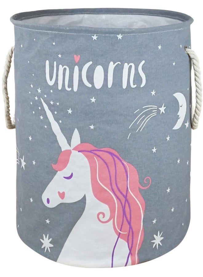 Vaivusto Round Laundry Basket Waterproof Canvas Large Clothes Basket Laundry Hamper With Rope Handles Cute Cartoon Kids Nursery Hamper For Kids Room Toy Storage Girls Room Decor Grey Unicorn - Image 1