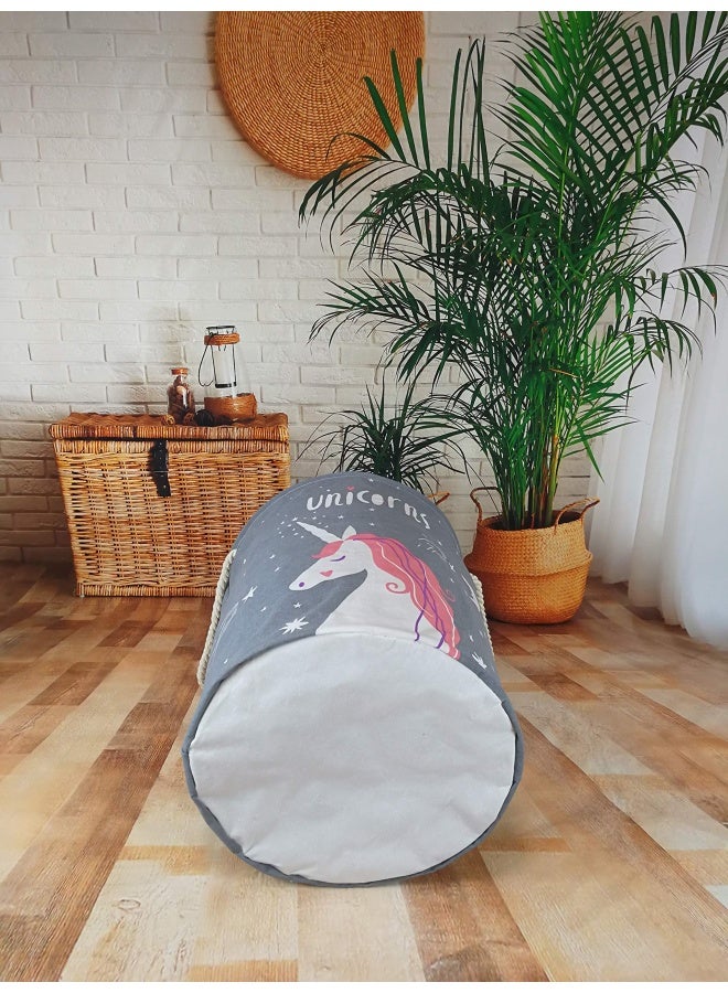 Vaivusto Round Laundry Basket Waterproof Canvas Large Clothes Basket Laundry Hamper With Rope Handles Cute Cartoon Kids Nursery Hamper For Kids Room Toy Storage Girls Room Decor Grey Unicorn - Image 4