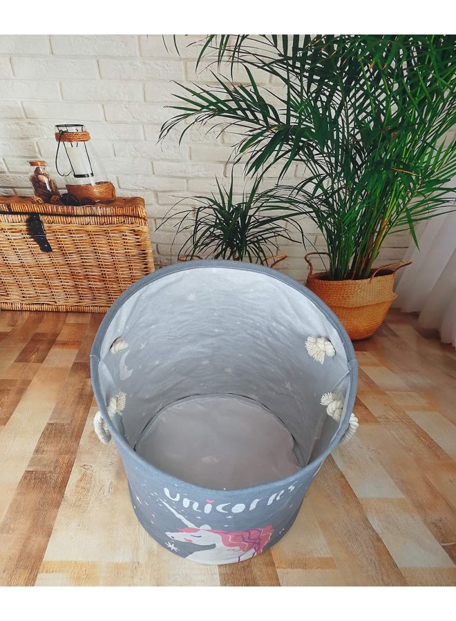 Vaivusto Round Laundry Basket Waterproof Canvas Large Clothes Basket Laundry Hamper With Rope Handles Cute Cartoon Kids Nursery Hamper For Kids Room Toy Storage Girls Room Decor Grey Unicorn - Image 5