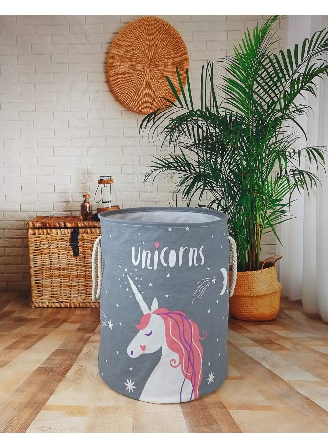 Vaivusto Round Laundry Basket Waterproof Canvas Large Clothes Basket Laundry Hamper With Rope Handles Cute Cartoon Kids Nursery Hamper For Kids Room Toy Storage Girls Room Decor Grey Unicorn - Image 3