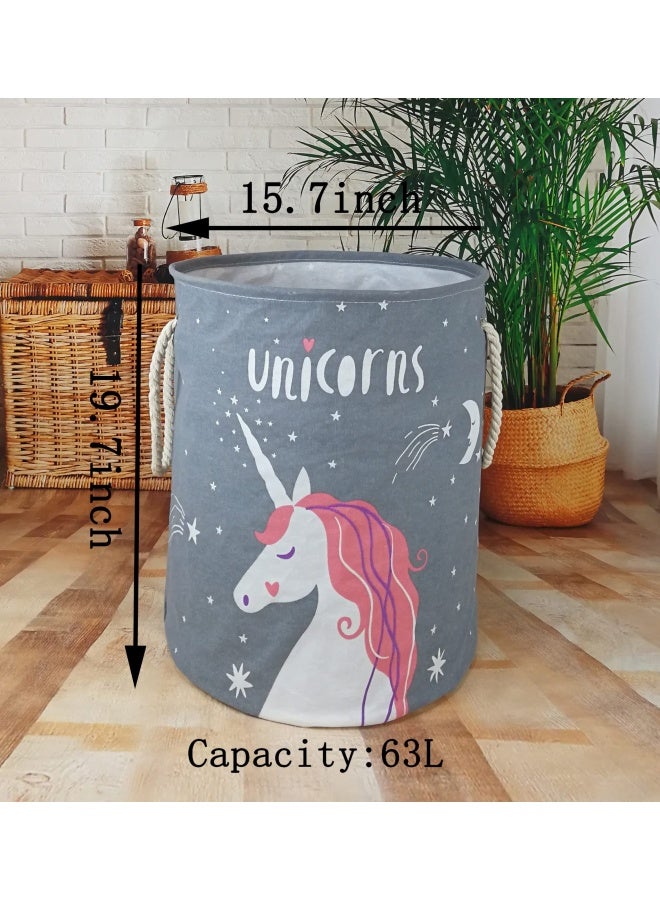 Vaivusto Round Laundry Basket Waterproof Canvas Large Clothes Basket Laundry Hamper With Rope Handles Cute Cartoon Kids Nursery Hamper For Kids Room Toy Storage Girls Room Decor Grey Unicorn - Image 2
