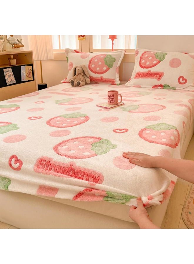 MorroMorn Fleece Fitted Sheet Twin XL Only, Super Soft Plush Bottom Sheet with 20" Deep Pocket, Kawaii Cute for Girls Kids Teen Dorm Back to School, No Pillowcases (Pink Strawberry, Twin XL Size) - Image 1