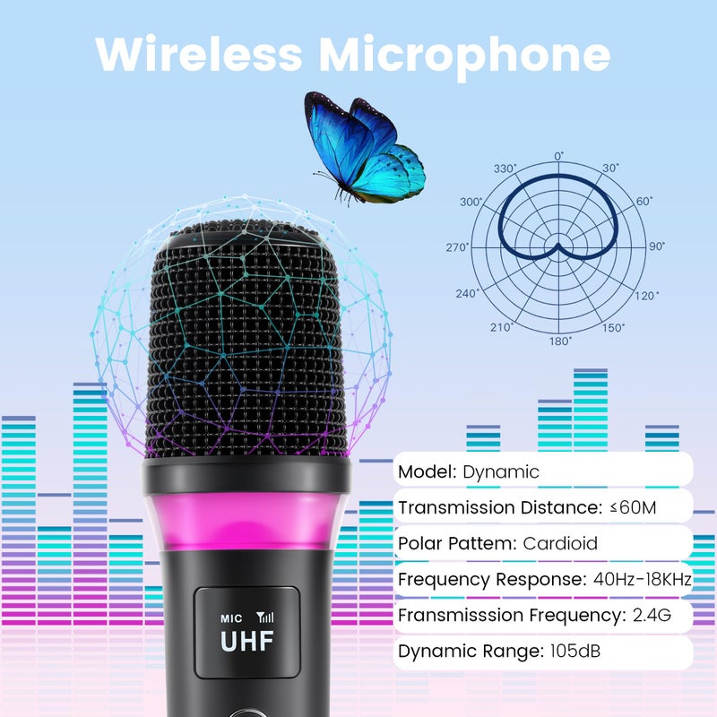 Marengo Wireless Microphones, Rechargeable Cordless Karaoke Microphone with One-to-One Chip Connection, LED Lights, 40H Duration, 200FT, Handheld Bluetooth Microphone Wireless for Singing,Speech,Church,Party - Image 3