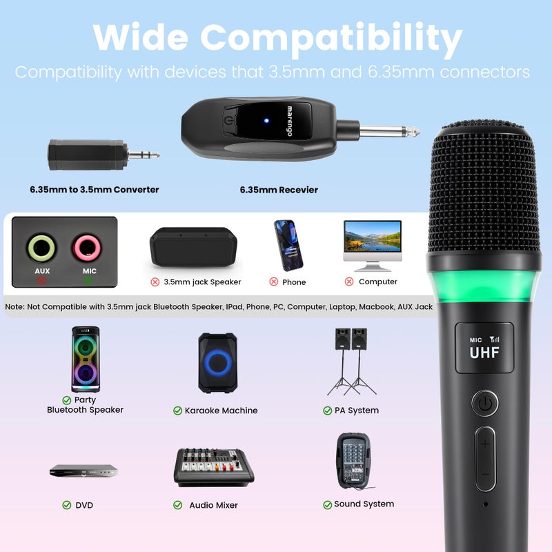 Marengo Wireless Microphones, Rechargeable Cordless Karaoke Microphone with One-to-One Chip Connection, LED Lights, 40H Duration, 200FT, Handheld Bluetooth Microphone Wireless for Singing,Speech,Church,Party - Image 2