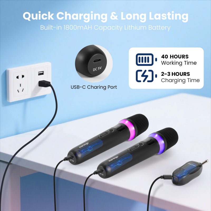 Marengo Wireless Microphones, Rechargeable Cordless Karaoke Microphone with One-to-One Chip Connection, LED Lights, 40H Duration, 200FT, Handheld Bluetooth Microphone Wireless for Singing,Speech,Church,Party - Image 5