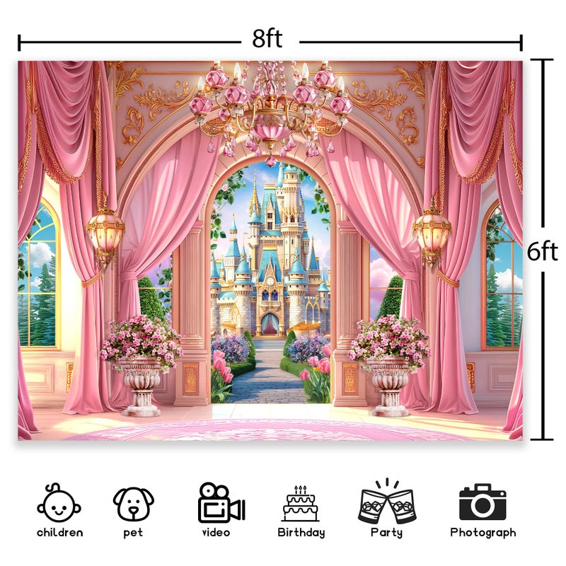 Newsely Princess Castle Garden Backdrop 8Wx6H Photography Pink Palace Curtain Crystal Floral Green Plants Cloud Lamp Sky Cute Background Girly Party Decorations Banner Photo Booth Props Supplies - Image 4