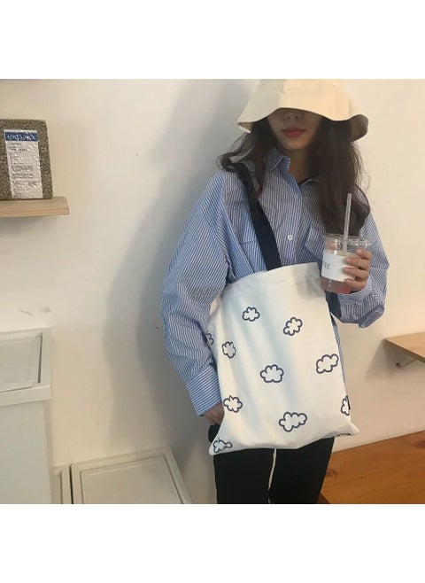 Cloud Pattern Canvas Shoulder Bag Polka Dot Student Satchel Fashion Simple Urban Style Large Size Printed Crossbody Bag White clouds