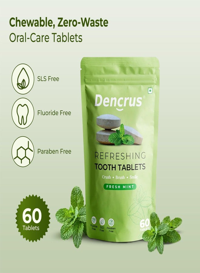 DENCRUS Refreshing Tooth Tablets (Pack of 1, 60 Tablets) | Natural Teeth Whitening | Cavity Protection & Anti-Plaque | Travel-Friendly & Eco-Friendly Toothpaste Tablets | Complete Oral Care | 100% Natural - Refreshing Mint Flavor - Image 2