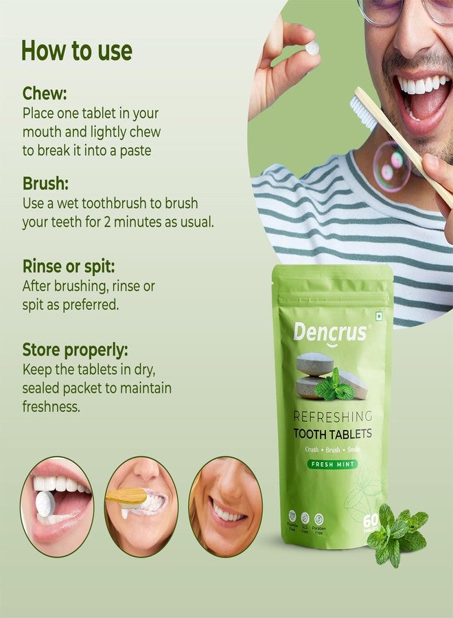 DENCRUS Refreshing Tooth Tablets (Pack of 1, 60 Tablets) | Natural Teeth Whitening | Cavity Protection & Anti-Plaque | Travel-Friendly & Eco-Friendly Toothpaste Tablets | Complete Oral Care | 100% Natural - Refreshing Mint Flavor - Image 4