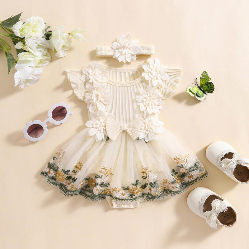 Douhoow Baby Girl Dress Romper Baby Romper Dress Flowers Embroidery Tulle Skirt Infant Girl Summer Clothes with Headband (Apricot, 3-6 Months) - Image 2