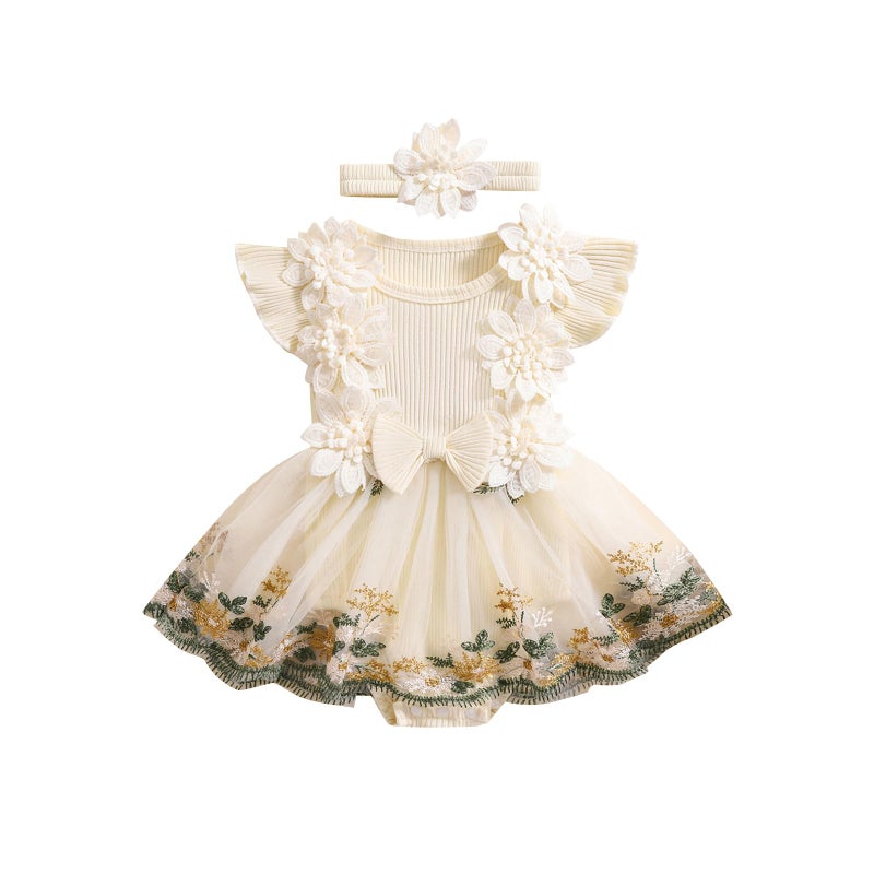 Douhoow Baby Girl Dress Romper Baby Romper Dress Flowers Embroidery Tulle Skirt Infant Girl Summer Clothes with Headband (Apricot, 3-6 Months) - Image 1