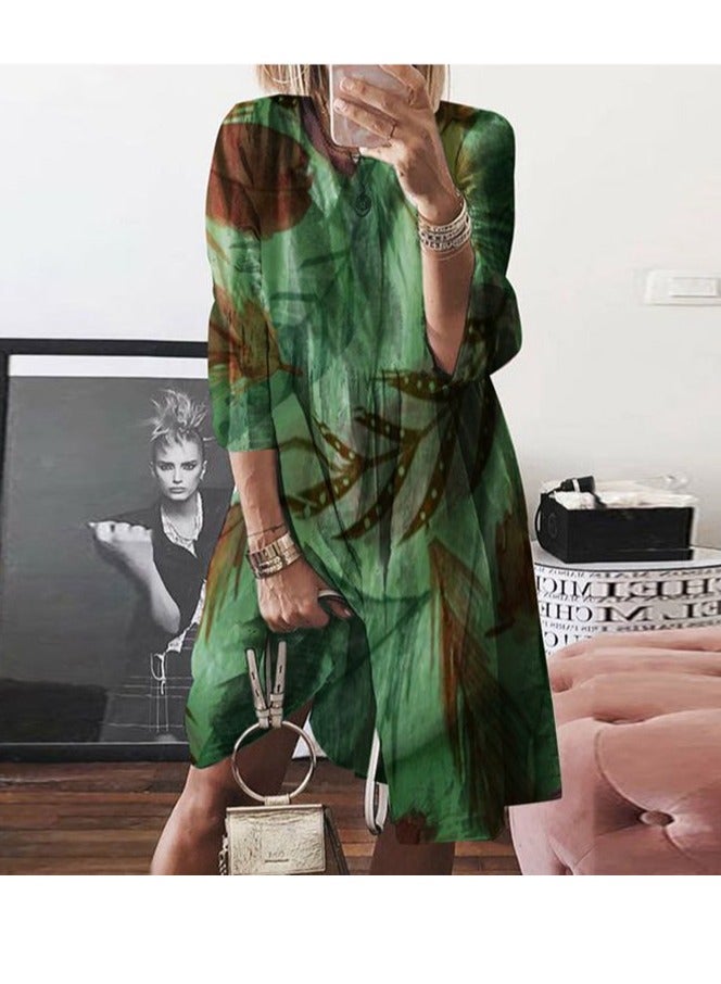 NIBEMINENT Vintage Summer Women's New Spliced O-Neck Printed Folds Fashion Loose Minimalist Comfortable Long SleeveDresses - Image 1