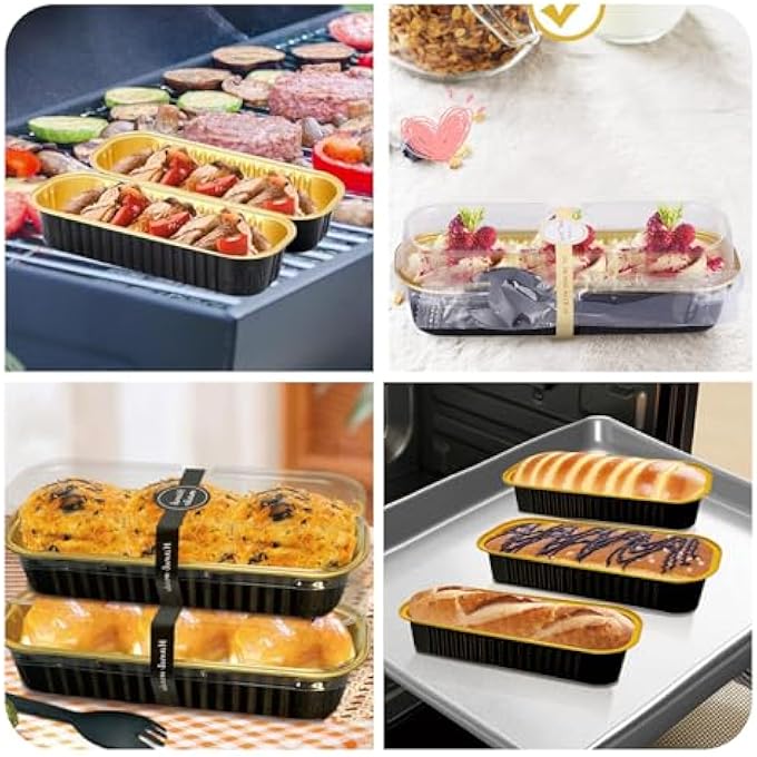 30 Set Mini Loaf Pans with Lids Spoons and Stickers 200ml Foil Baking Pans Reusable Aluminum Baking Cups Mini Foil Pans for Bread Cakes and Durian for Weddings Birthdays Picnics Black Gold - Image 5