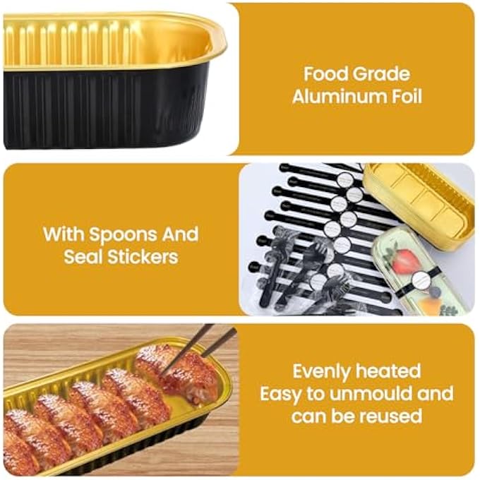 30 Set Mini Loaf Pans with Lids Spoons and Stickers 200ml Foil Baking Pans Reusable Aluminum Baking Cups Mini Foil Pans for Bread Cakes and Durian for Weddings Birthdays Picnics Black Gold - Image 4