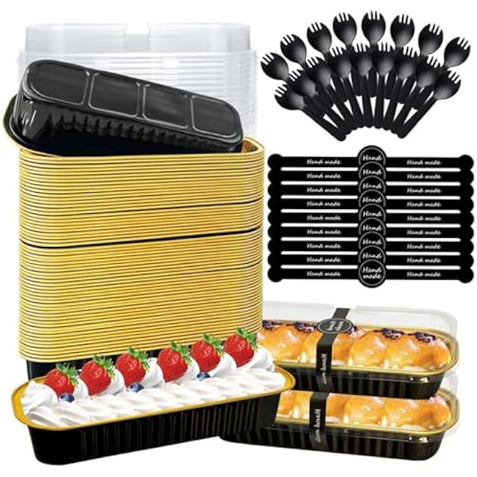 30 Set Mini Loaf Pans with Lids Spoons and Stickers 200ml Foil Baking Pans Reusable Aluminum Baking Cups Mini Foil Pans for Bread Cakes and Durian for Weddings Birthdays Picnics Black Gold - Image 2