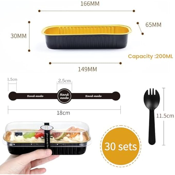 30 Set Mini Loaf Pans with Lids Spoons and Stickers 200ml Foil Baking Pans Reusable Aluminum Baking Cups Mini Foil Pans for Bread Cakes and Durian for Weddings Birthdays Picnics Black Gold - Image 3