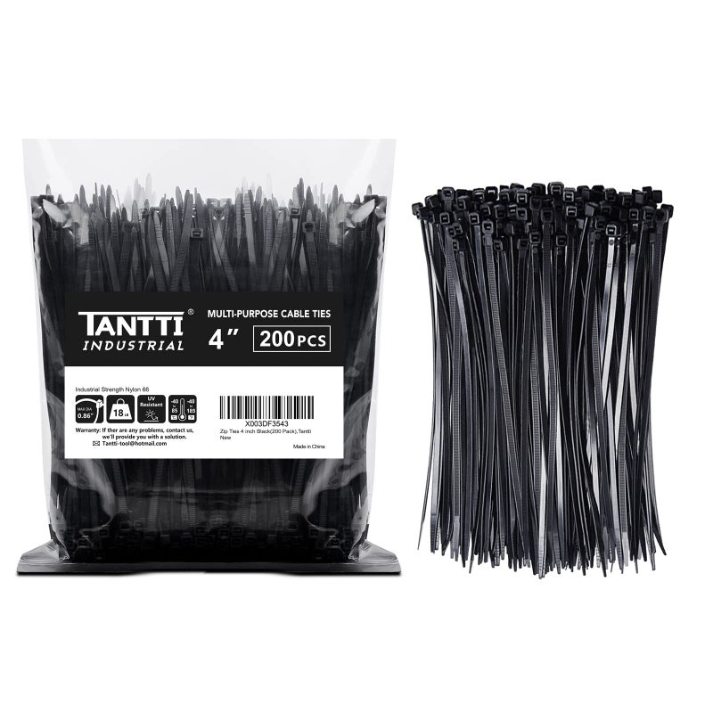 TANTTI Zip Ties 4 Inch  Small Zip Ties With 18 Lb Tensile Strength  Black  200 Pack  By Tantti Supply - Image 1