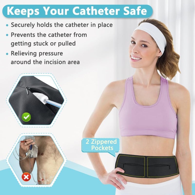 Zelen Peritoneal Dialysis Belt G Tube Holder PD Catheter Holder Accessories Gastrostomy Catheter Covers Pouch for G J Feeding Tube for Adults Abdominal Dialysis for Men Women (Black) - Image 2