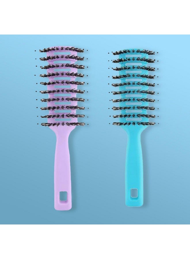 Hearts Hair Brush|Flexible Bristles Brush|Hair Brush With Paddle|Straightens & Detangles Hair Brush|Suitable For All Hair Types|Hair Brush Styling Hair|Round Vented|Set Of 2|Blue & Purple - Image 1