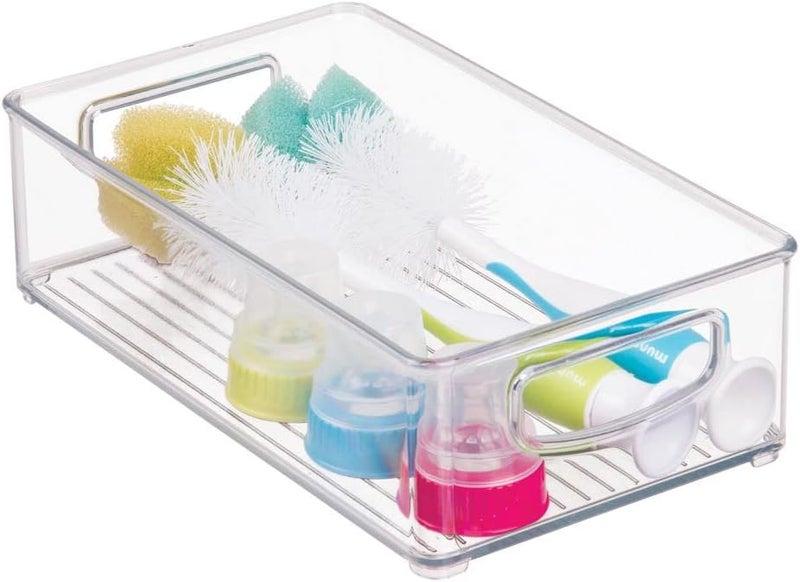 m-design Small Plastic Baby Nursery and Food Organizer -Storage Holder Bin with Handles for Closet, Cupboard, Cabinet, Drawers, Shelves - Holds Canned Food, Bottles, Formula - Ligne Collection, Clear - Image 1