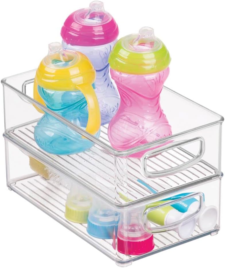 m-design Small Plastic Baby Nursery and Food Organizer -Storage Holder Bin with Handles for Closet, Cupboard, Cabinet, Drawers, Shelves - Holds Canned Food, Bottles, Formula - Ligne Collection, Clear - Image 4